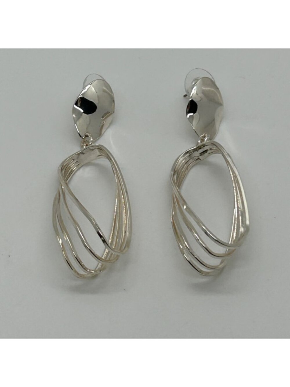 Silver Tone Geometric Dangle Earrings Layered Oval Twisted Hoop Design 2.5 inch - Picture 2 of 11